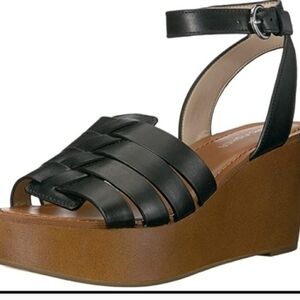 Marc Fisher Woven Leather Wedges with Ankle Strap Pastya Black